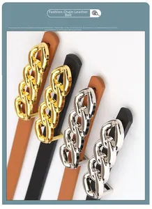 Ceintures en cuir à boucles de chaîne épaisses en or et argent, coloris noir et marron