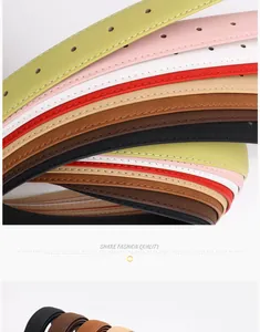 Detailed view of slim belts with contrast stitching and rich color palette variety