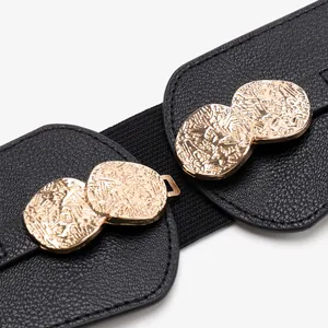 Women elastic wide belt with vintage gold coin metal buckle for coats and dresses