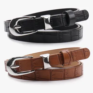 Women Fashion Skinny Belt Crocodile Embossed PU Leather Thin Waist Belt With Silver Pin Buckle For Jeans Dress Accessories