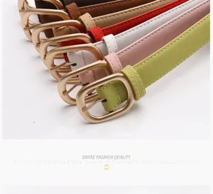 Detail of six colorful slim waist belts with matte gold buckles for dresses and jeans