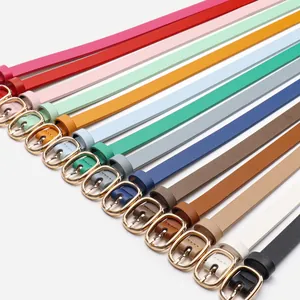 Women slim leather belt with gold oval buckle in fifteen assorted colors for dresses