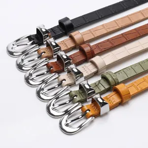 Slim women's belts with stone pattern embossing and silver metal buckle in seven colors