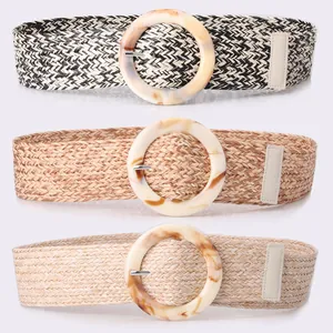 Cintura Intrecciata Larga da Donna in Stile Bohémien Con Grande Fibbia Rotonda in Resina Cintura Vintage Stile Paglia Per Abiti