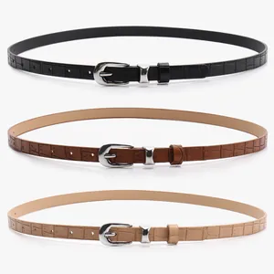 Three-piece women's skinny belts with crocodile pattern and silver horseshoe buckles