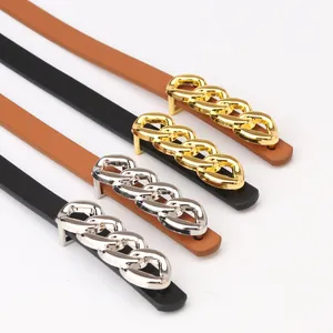 Ceintures fines en cuir pour femmes avec boucles en chaîne métallique dorée et argentée
