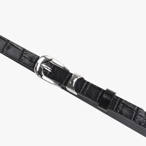 Chic black crocodile embossed faux leather belt for women with elegant silver pin buckle