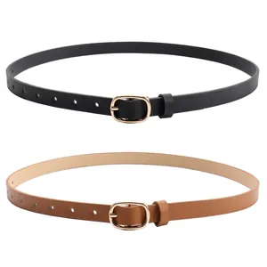 Minimalist oval pin buckle belts for women in black and brown leather, set of two