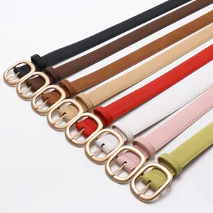 Minimalist velvet texture slim belts for women with oval gold buckles in eight colors