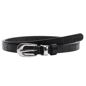 Women's black faux leather belt with crocodile pattern and silver round buckle