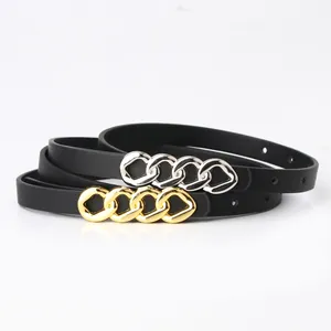 Ceintures fines en cuir noir avec boucles en chaîne métallique chic en or et argent