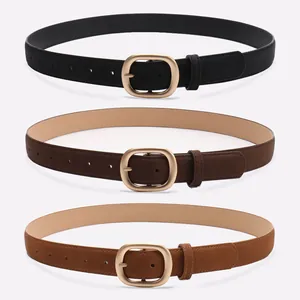 Three-piece minimalist suede women belts set in black, dark brown, and tan with gold buckles