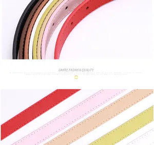 Detail view of colorful skinny leather belts with stitching and standard metal buckles