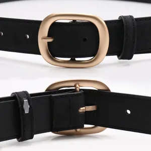 Minimalist black micro-velvet belt for women with elegant matte gold oval buckle