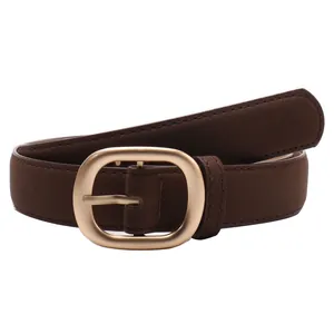 Minimalist dark brown suede belt for women with elegant gold oval metal buckle