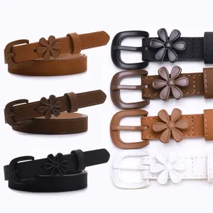 Women's Korean Style Flower Buckle Thin Belt Retro PU Leather Waist Belt For Dresses Pants Adjustable Decorative Skinny Belt