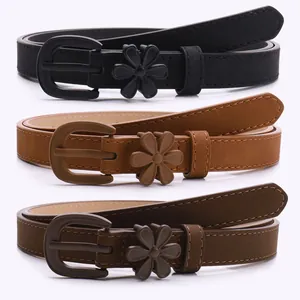 Three-color thin belt set for women with retro floral buckle and matte finish on white background