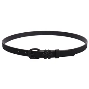 Women's slim black leather belt with retro floral buckle for dresses and pants
