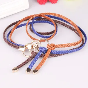 Women Thin Woven PU Leather Belt Casual Hand Braided Waist Strap With Round Alloy Buckle For Dress Fashion Skinny Belt