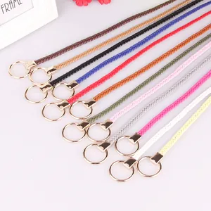 Braided leather thin belts for women with round gold buckles in various colors