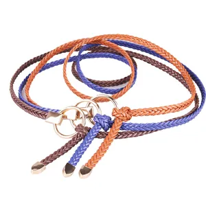 Handwoven slim waist belt with golden O-ring buckle in orange, purple, and brown colors