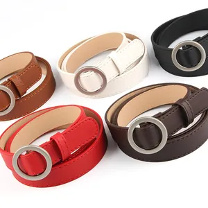 Women Minimalist PU Leather Belt Fashion Simple Round Buckle Holeless Waistband For Jeans Dresses Solid Color Thin Belt