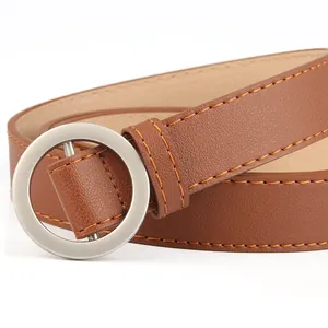 Women's brown PU leather belt with round silver buckle and orange contrast stitching