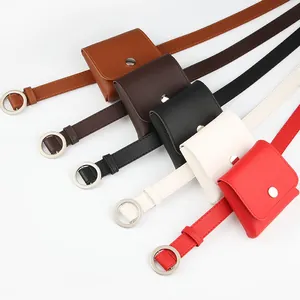 Five colors of leather waist belts with mini pouches and circular silver metal buckles
