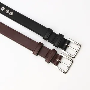 Minimalist black and brown skinny leather belts with silver square buckles and metal eyelets