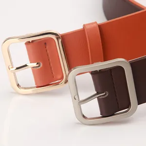 Minimalist PU leather belts for women with square metal buckles in orange and brown