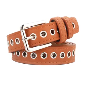 Brown leather grommet belt with vintage silver eyelets and a square metal buckle