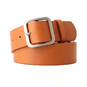 Brown leather belt with square silver buckle, vintage minimalist style for women