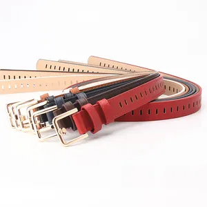 Women's hollow thin leather belt set with gold square pin buckles in multiple colors