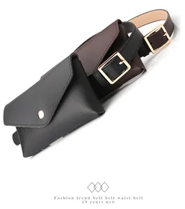 Detail of classic black and coffee brown PU leather waist belts with mini square pouches