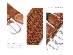 Detail of elastic braided canvas belt with silver pin buckle and leather tip finishing