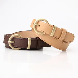Minimalist women's leather belts in dark brown and camel with round bronze buckles