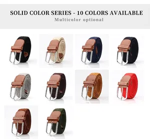 Matrix view of 10 color options for elastic woven belts with silver metal buckles