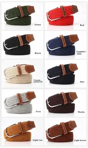 Elastic braided belts collection in ten colors with metal buckle and leather tip detail