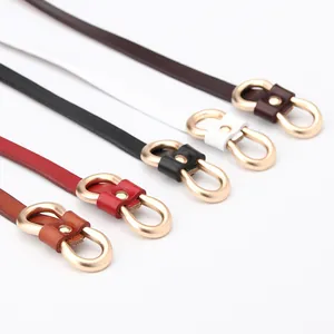 Women's Thin Split Cowhide Leather Belt Minimalist Gold Double Ring Alloy Buckle Adjustable Knotted Waist Strap For Dress