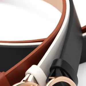 Women's minimalist leather belt set with round gold buckles in black white and brown