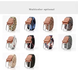 Collection of ten elastic woven belts with metal pin buckles in various color patterns