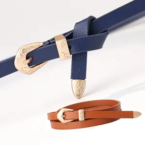 Women's Retro Western Faux Leather Thin Belt With Vintage Engraved Alloy Metal Buckle Loop Tip Versatile Dress Waistband