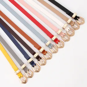 Set of 11 matte PU skinny belts with vintage engraved gold-tone alloy buckles for women