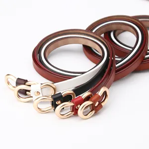 Women genuine leather thin belts in white black red and brown with gold buckles