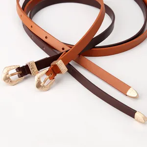 Women's matte PU leather belt set with engraved alloy buckle in brown and caramel