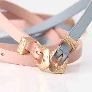 Thin matte PU leather belt set for women with vintage floral engraved gold alloy buckles