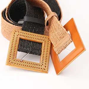 Women's woven elastic waist belt with large square buckle in black and khaki colors