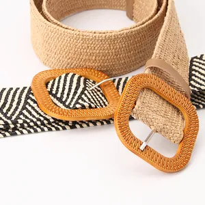 Bohemian elastic woven belts with wood style buckles in khaki and monochrome patterns