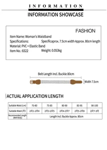 Größentabelle für Damen-Stretchgürtel mit den Maßen 7,5 cm Breite und 80 cm Gesamtlänge
