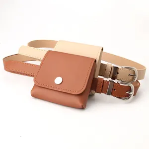 Minimalist leather belt with detachable mini waist bag and classic silver metal buckle